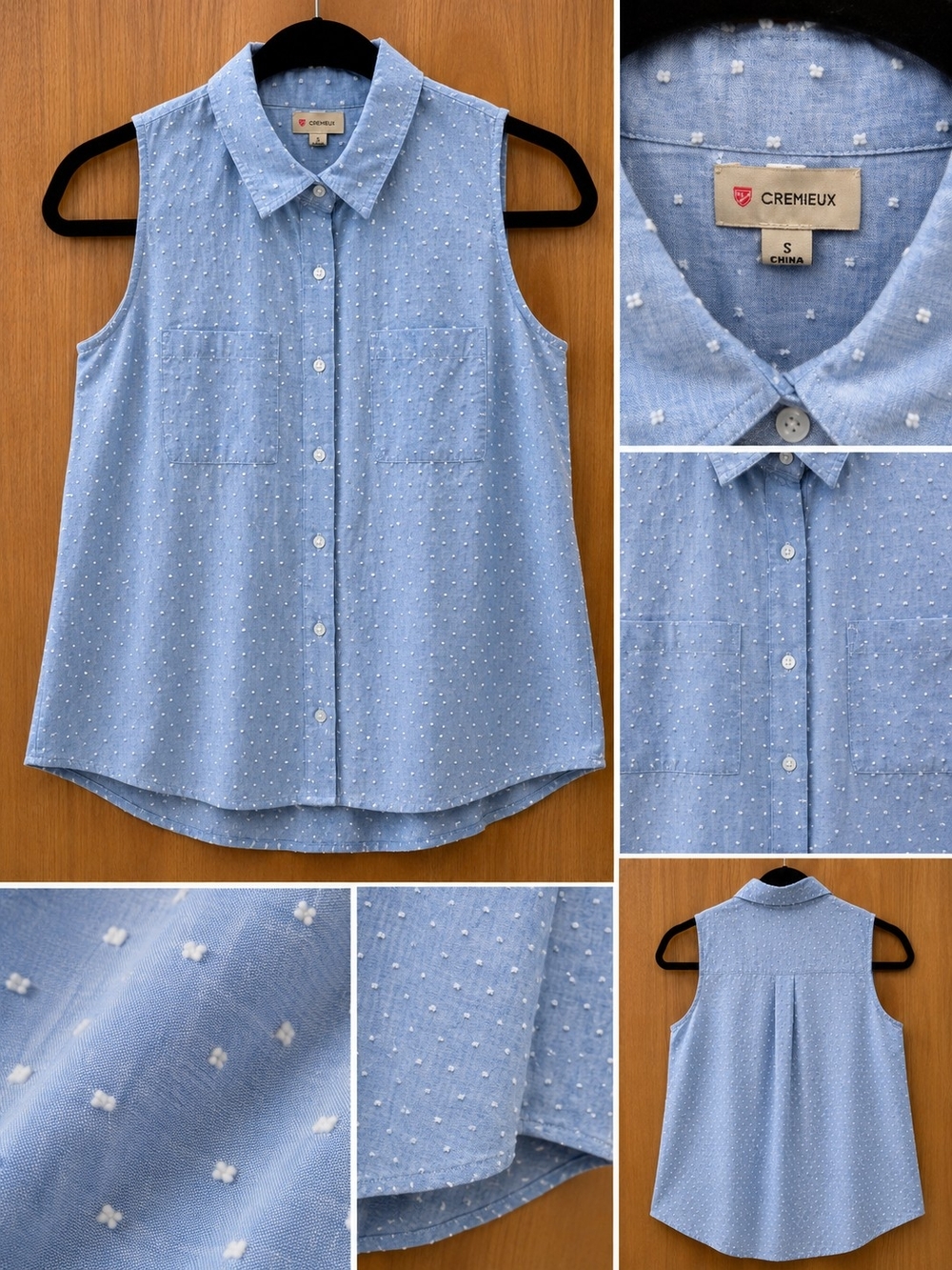 Daniel Cremeux Light Blue Sleeveless Dot-Textured Button-Up Top